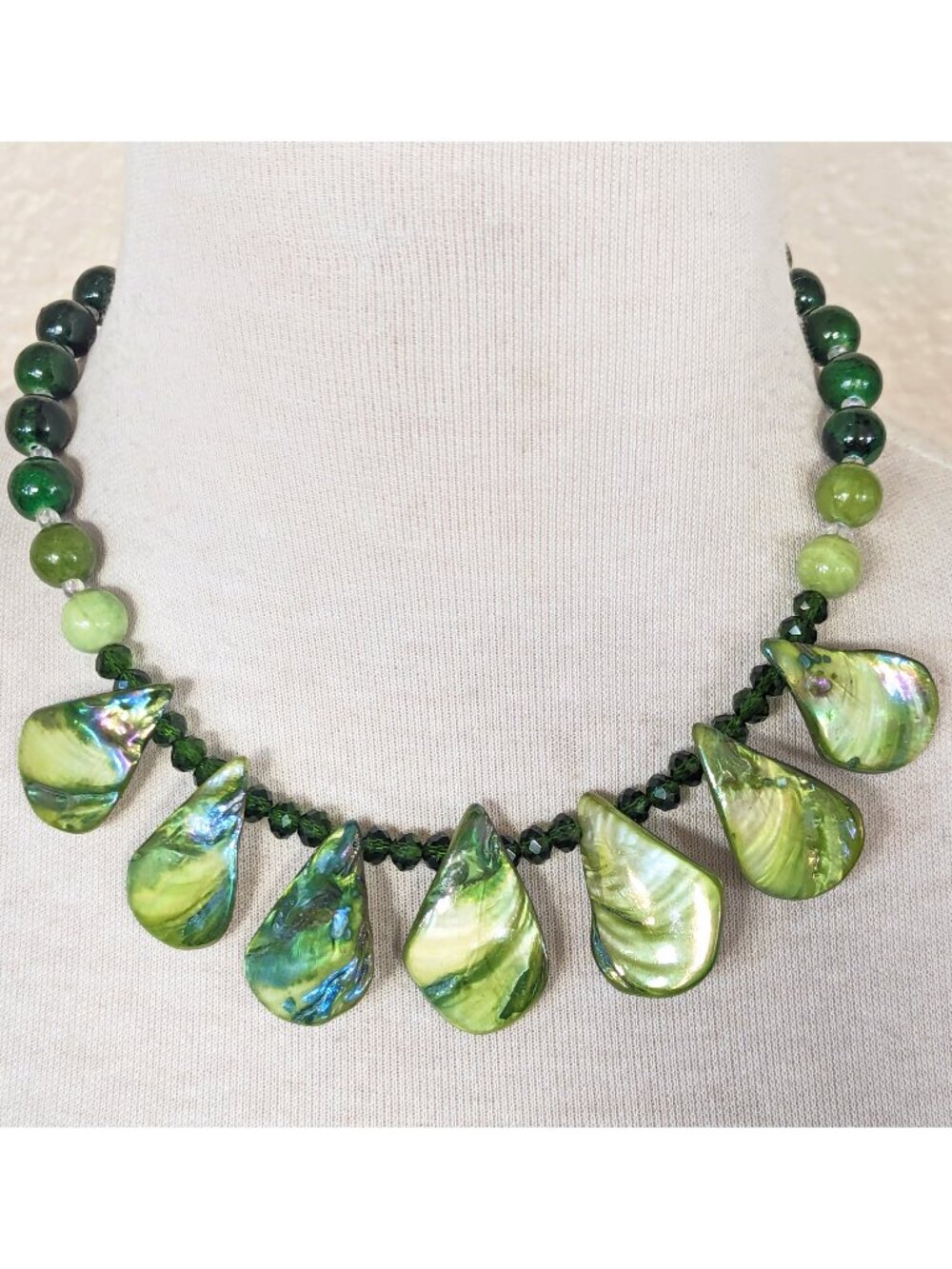 Iridescent Lime & Forest Green Shell Agate Statement Bib Necklace